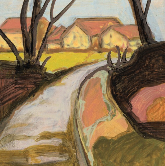 Kręta, ziemna ścieżka otoczona drzewami, prowadząca w stronę horyzontu z domami i polami pod czystym niebem.